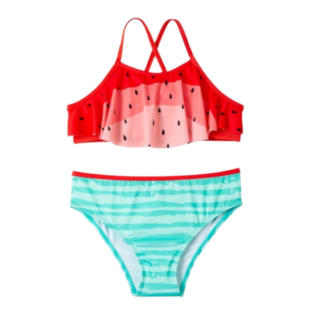 🍉 Girls Watermelon 2 Piece Swimsuit Set Size 10/12 Pink Platinum Summer Swim
